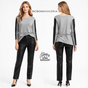 BCBGMaxAzria mixed media faux leather sleeve top *shop@iamwarrior